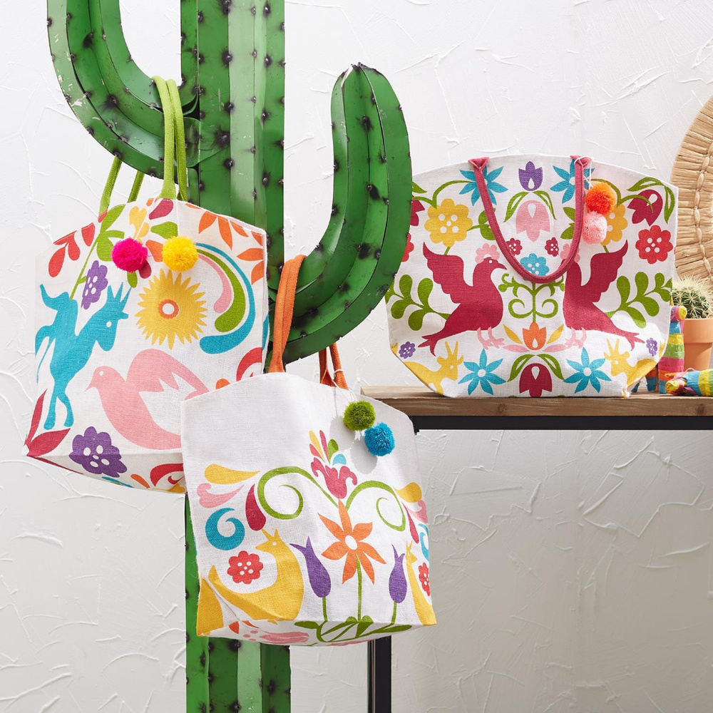 Otomi Tote Bag Handbag Pom-Poms Jute Cotton Travel